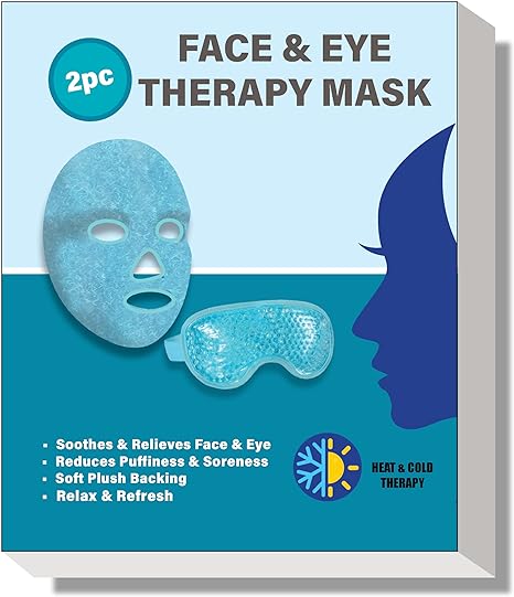 2pcs Gel Beads Face & Eye Masks Kit. Hot/Cold Mask. Eye and Face Therapy with Soft Back Reusable(Eye & Face Mask Blue)